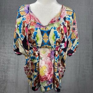 Johnny Was Womens Silk Blouse Size XSP Colorful Artsy Floral Boho Dopamine Fairy